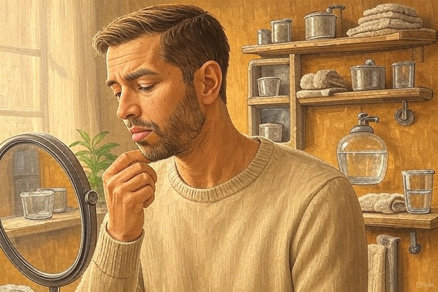 Subtil illustrasjon av en mann som undersøker munnen sin i et speil, med fokus på slimhinne og munnskold, i et varmt og behagelig rom med planter og hyller, uten grafiske detaljer.