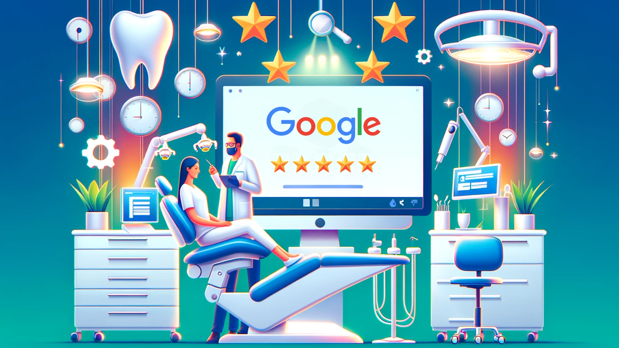 Modern dental clinic with a tablet showing 5-star Google reviews, indicating top patient care