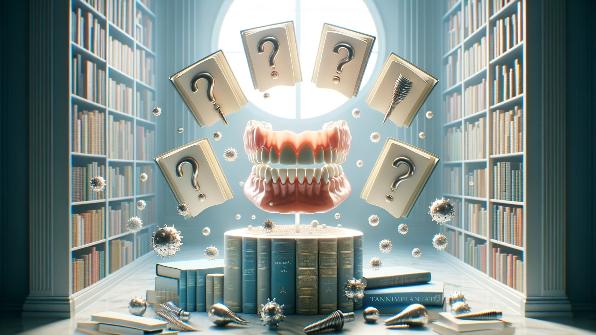 Bibliotek med svevende bøker og tannimplantatmodell, symboliserer læring om tannimplantater