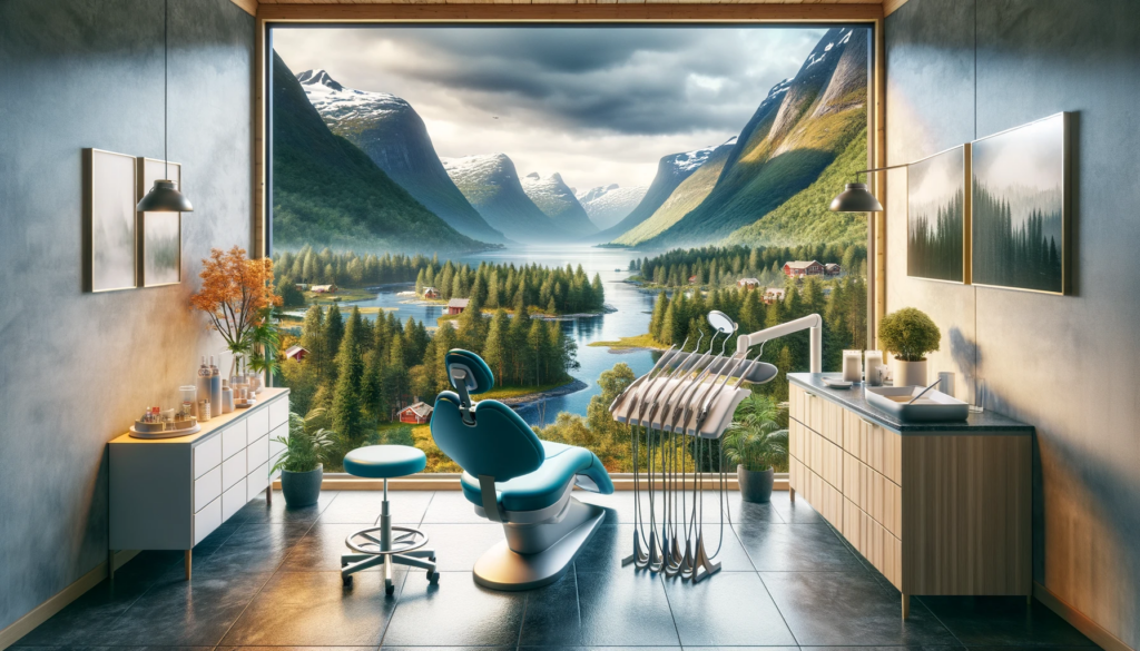Moderne tannklinikk med utsikt over norske skoger, fjell og elver