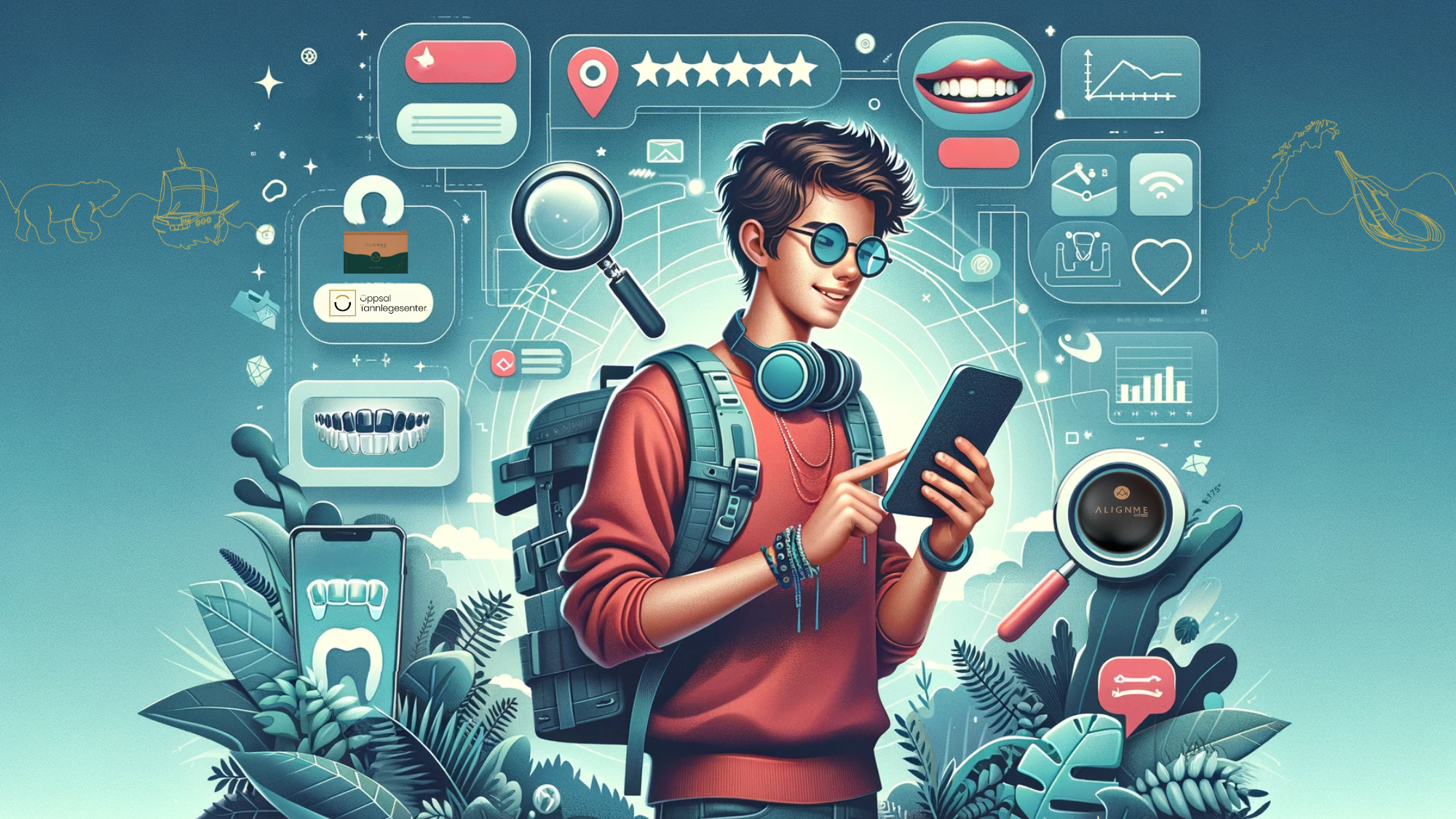 Ung eventyrer utforsker tannregulering digitalt, omgitt av app-ikoner og positive symboler.