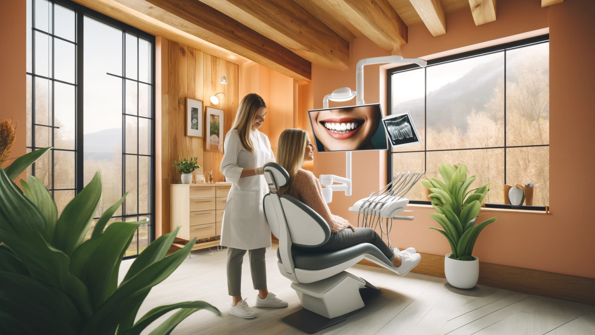 Moderne tannlegekontor med treverk, store vinduer og teknologi