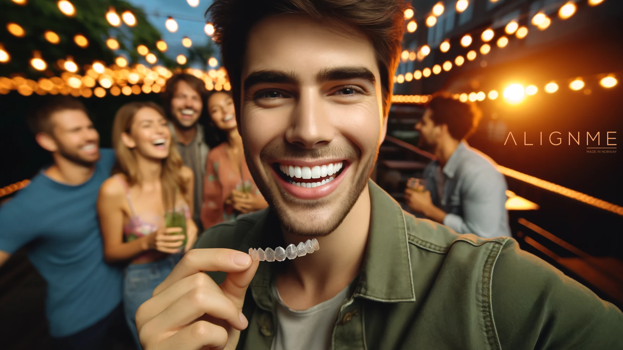 Ung mann viser usynlige tannreguleringer og smiler på en fest med venner og lyslenker.