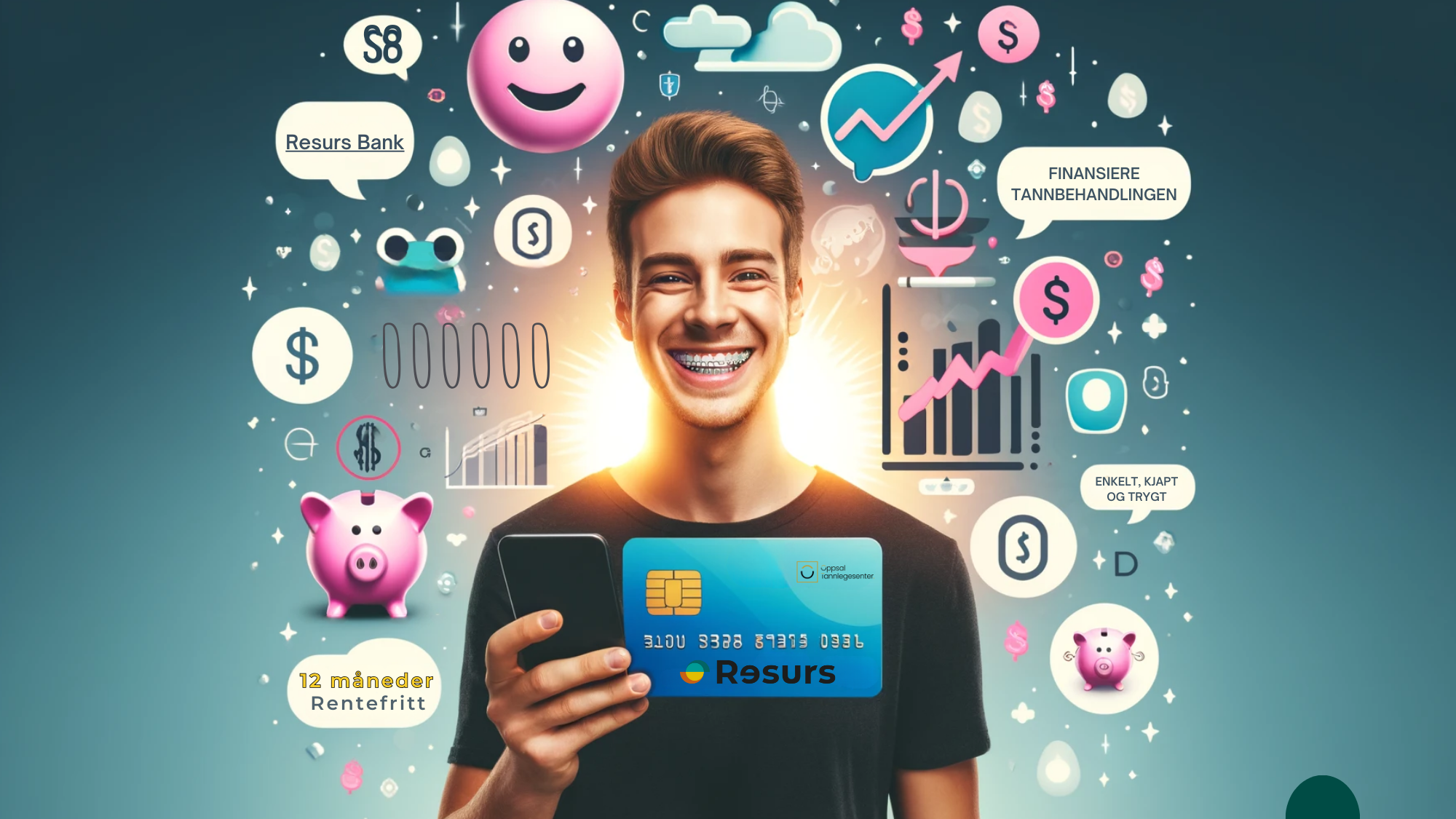 Mann med strålende smil viser frem en finans-app på sin telefon, omringet av spare- og vekstsymboler.