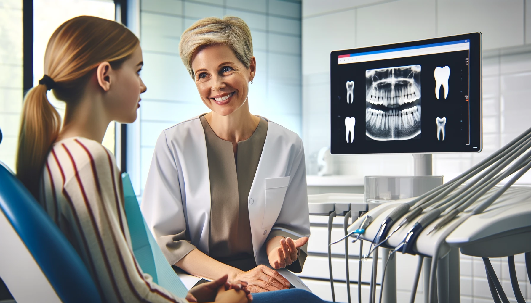 Tannlege forklarer tannuttrekning til ung kvinne, viser røntgenbilde.