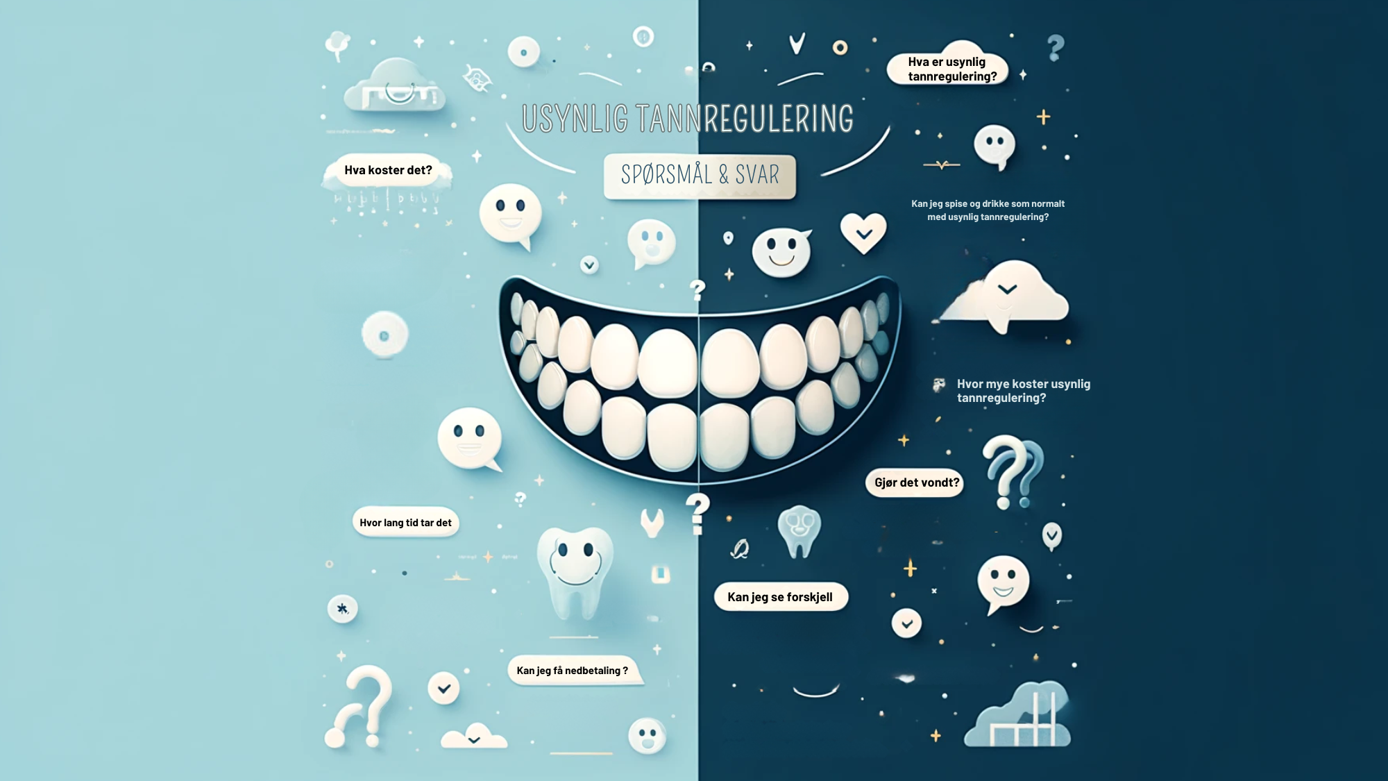 Informasjonsgrafikk om usynlig tannregulering, med spørsmål og svar, i en delt blå og hvit design.