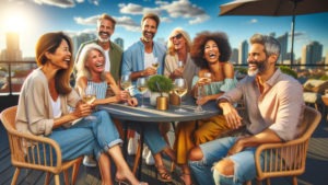 Venner ler og nyter vin på en takterrasse med bysilhuett i bakgrunnen