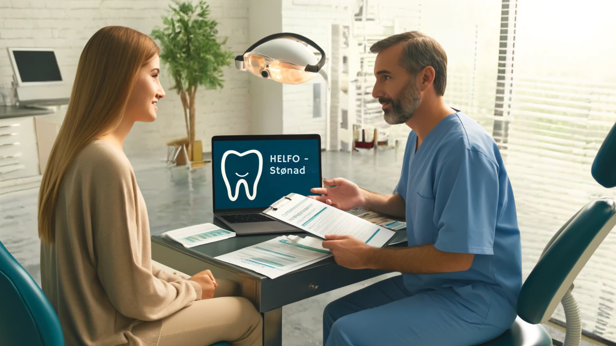 En pasient konsulterer med en tannlege med bærbar PC og dokumenter på bordet i en lys klinikk