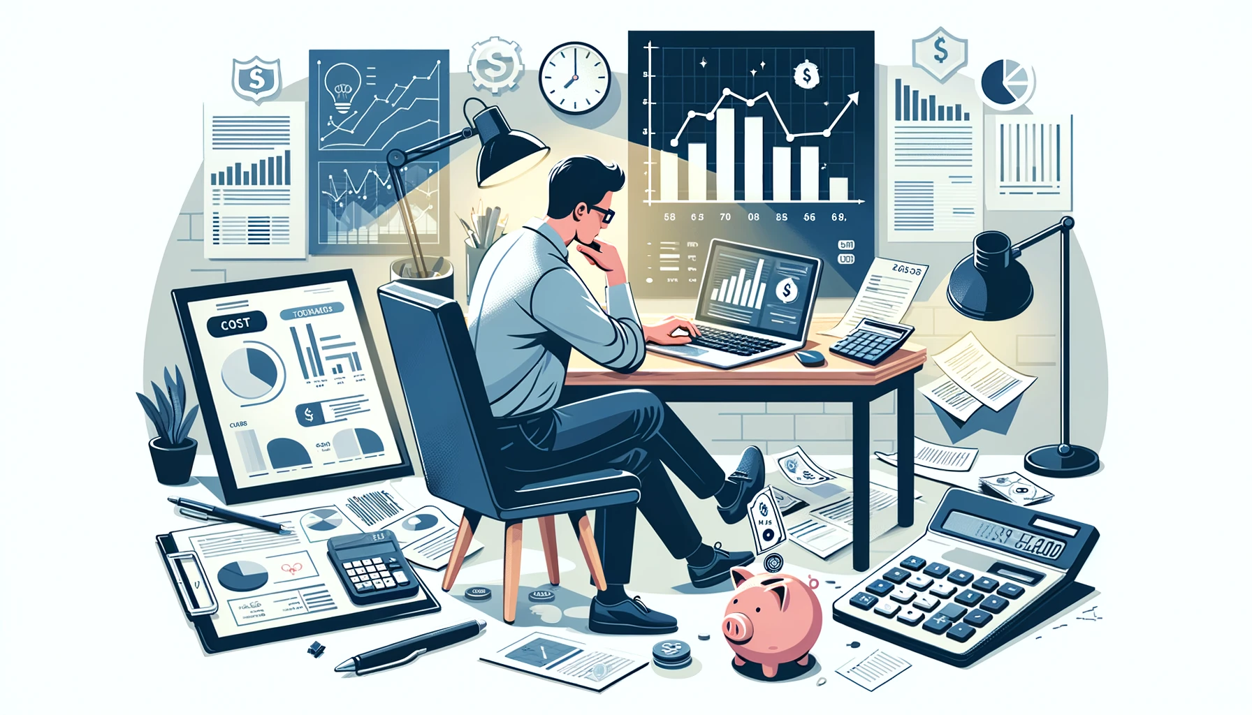 Illustrasjon av en person som analyserer økonomiske dokumenter og grafer med sparegris på skrivebordet