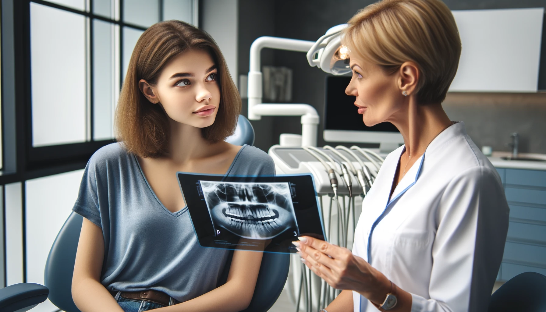 Tannlege forklarer røntgen til ung pasient før en tannuttrekning.
