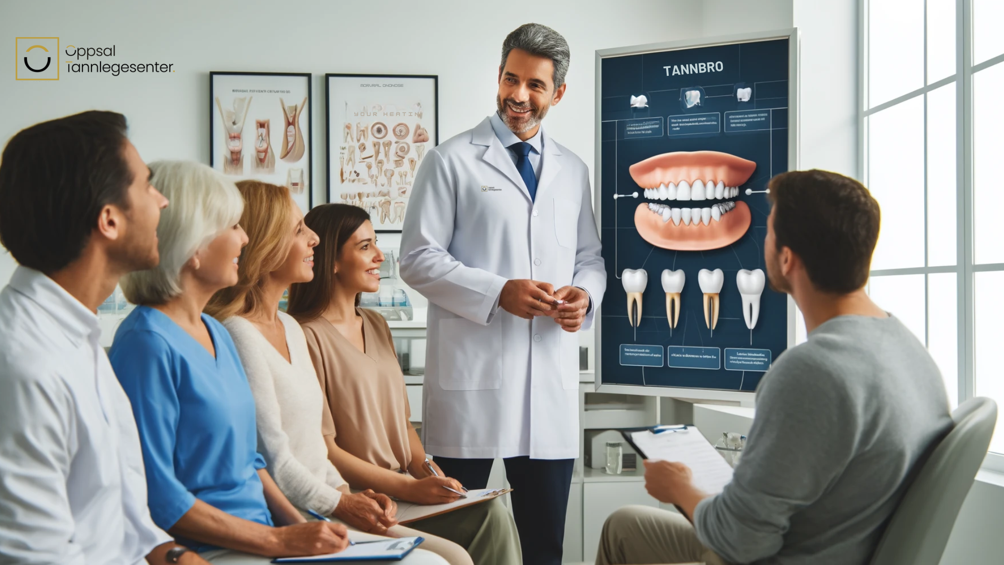 Tannlege forklarer tannbroer til en gruppe voksne pasienter i en lys klinikk