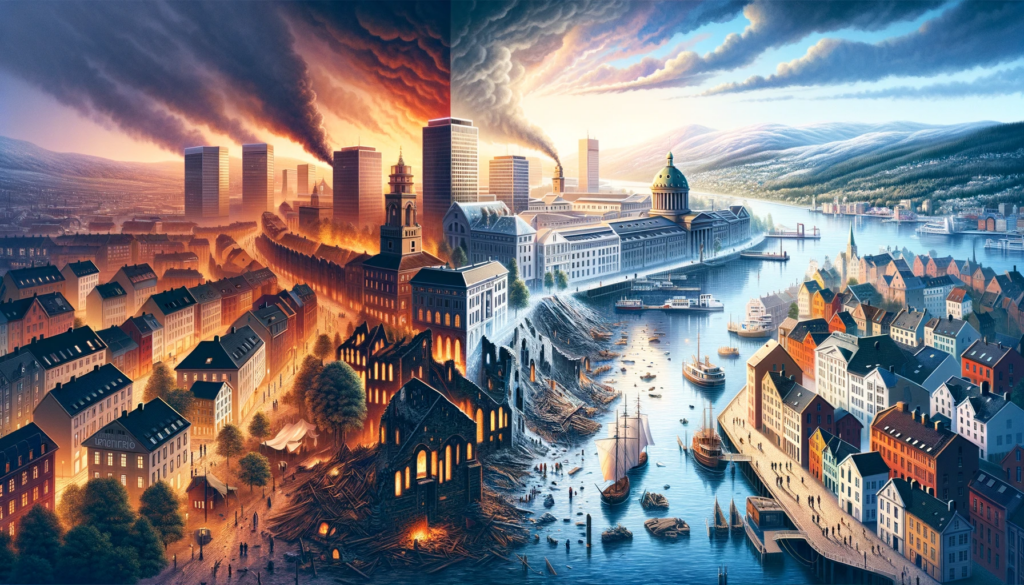 "Artistic depiction of Oslo's rebirth post-1624 fire, contrasting new cityscapes with historic ruins."
