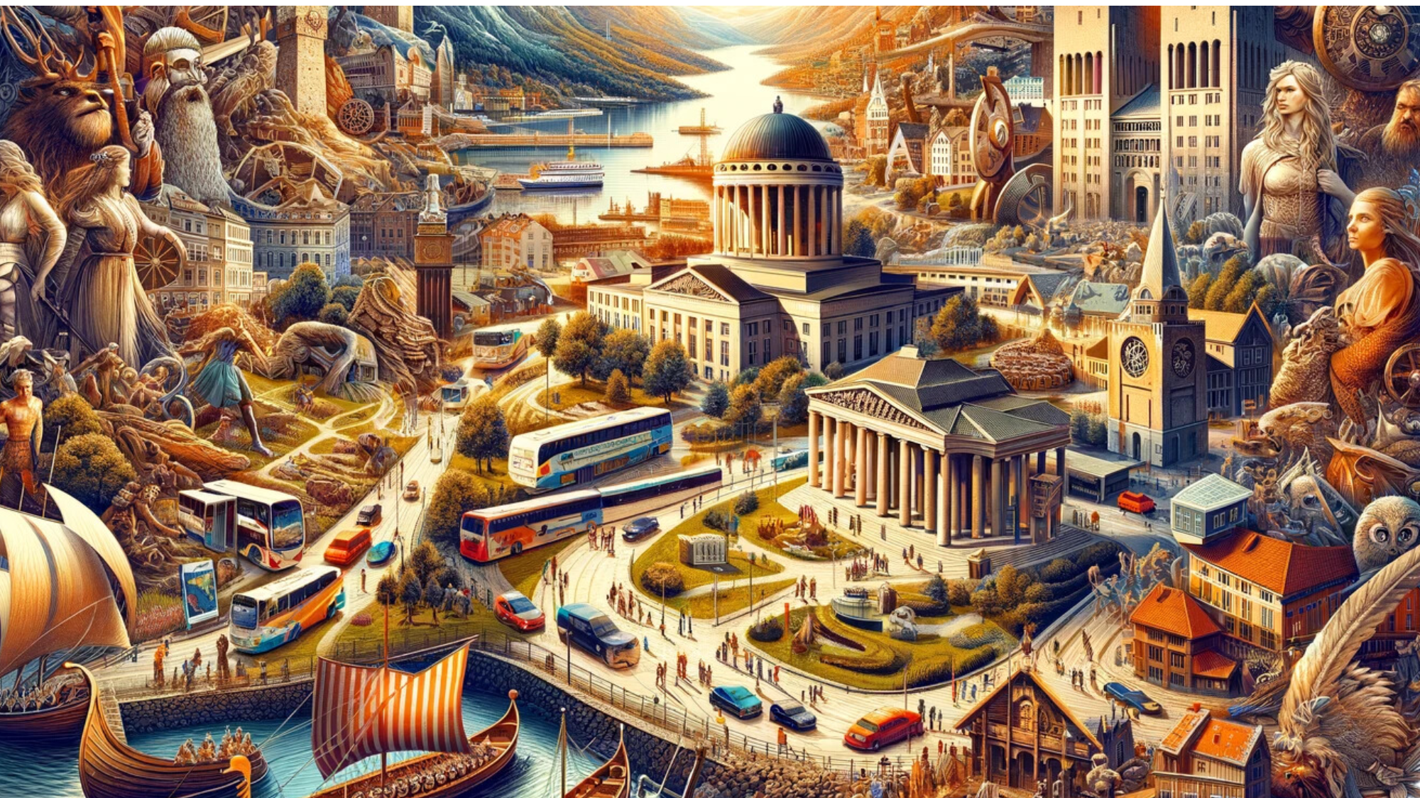 "Artistic collage of Oslo with Viking ships, historical architecture, and modern transit."