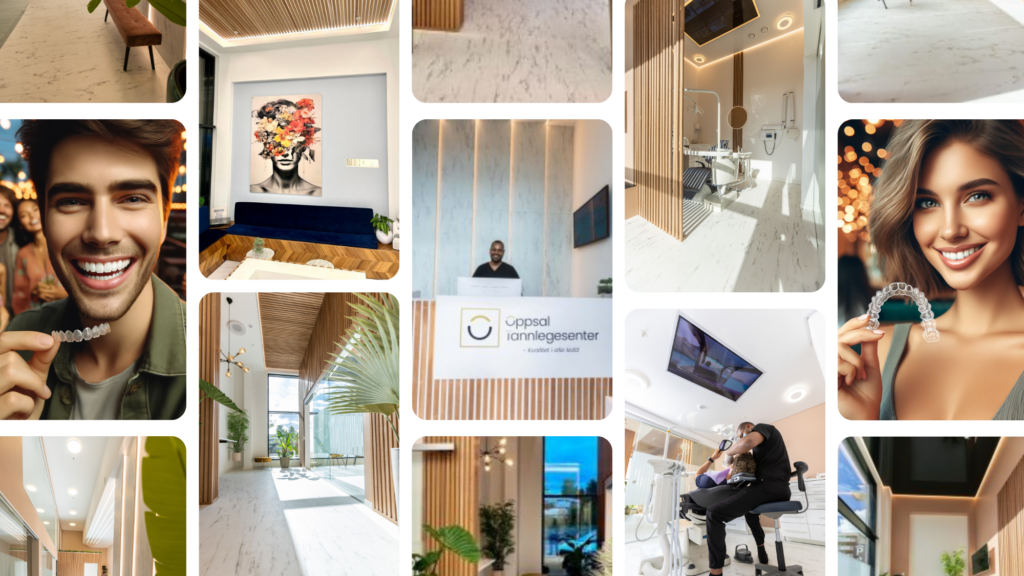 "Collage of Oppsal Tannlegesenter interiors with smiling faces and modern dental facilities."
