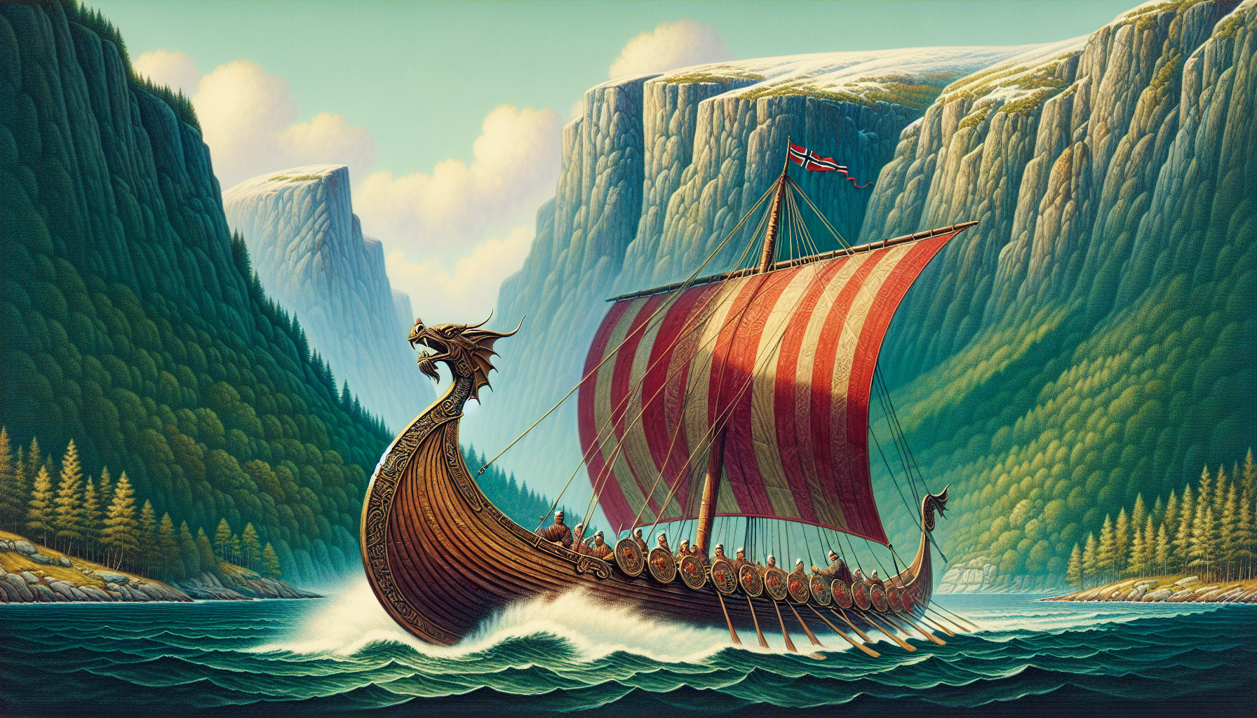 Illustration of Viking ship sailing on the fjord in Norway