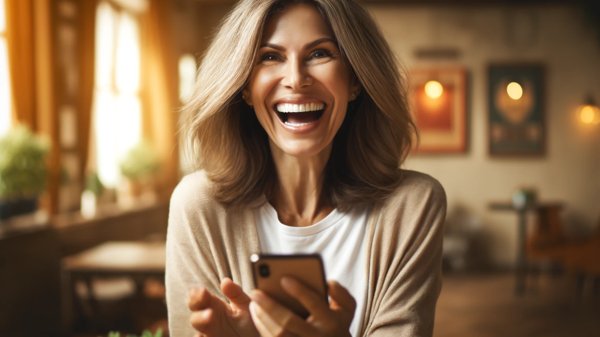 Kvinne mottar gode nyheter med et strålende smil i en koselig setting.