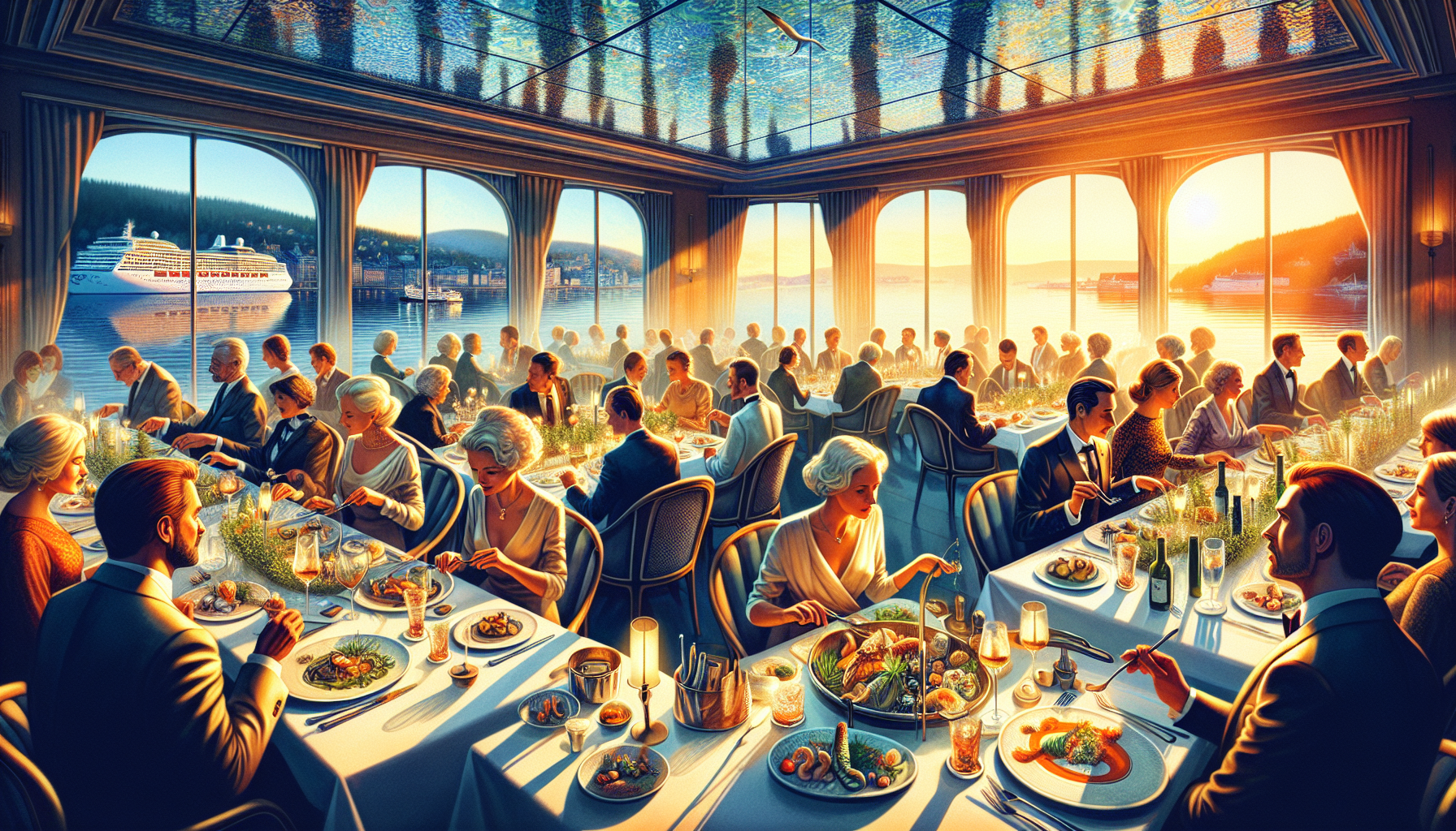 Illustration of exquisite dining experience in Oslo with waterfront view