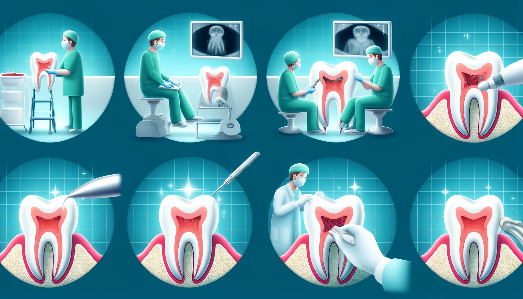 Bilde av trinn i rotfyllingsbehandling: diagnose, rensing, fylling og restaurering av tann