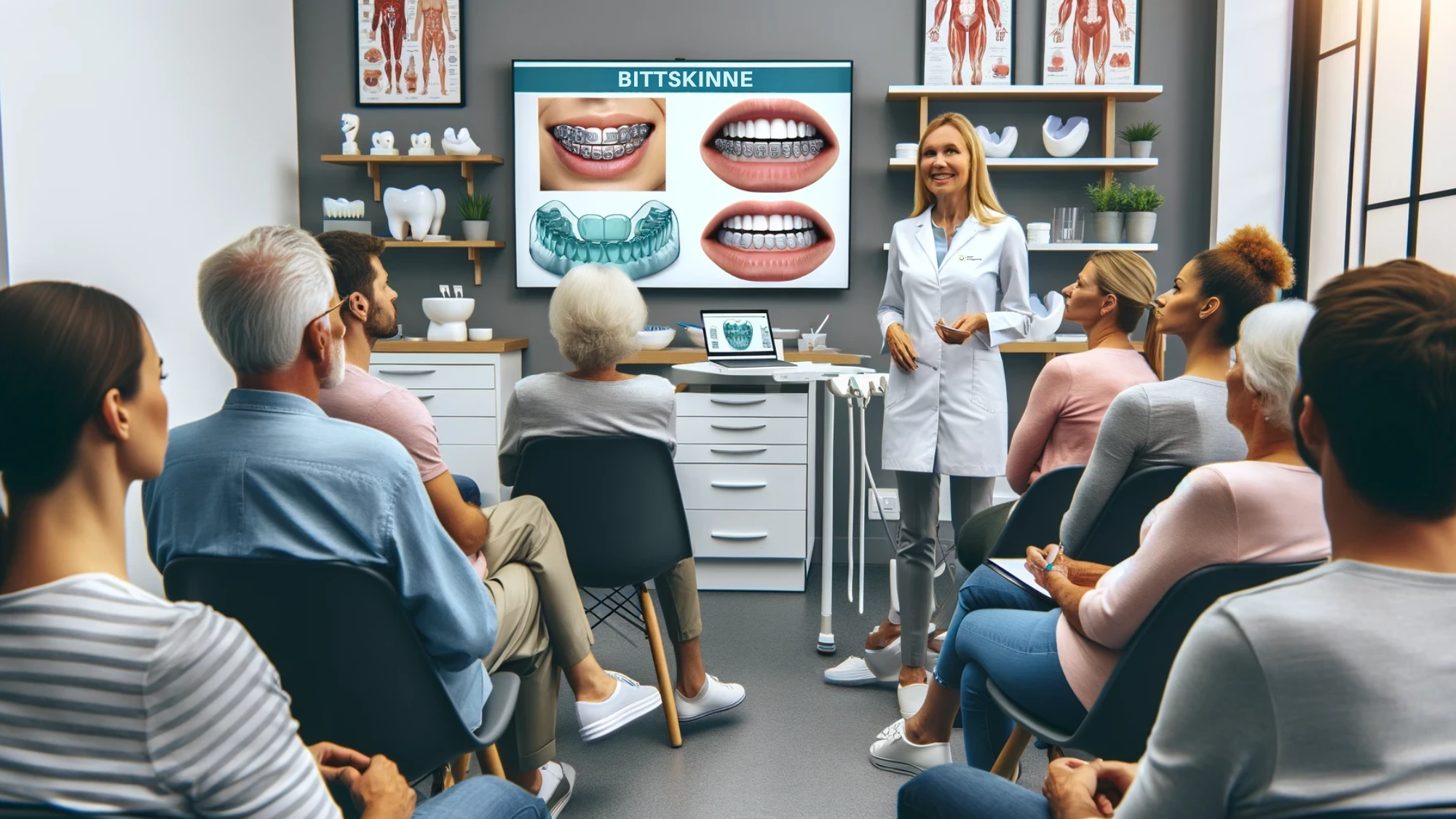 En tannlege forklarer om tannbeskyttere til lyttende pasienter i en klinikk.