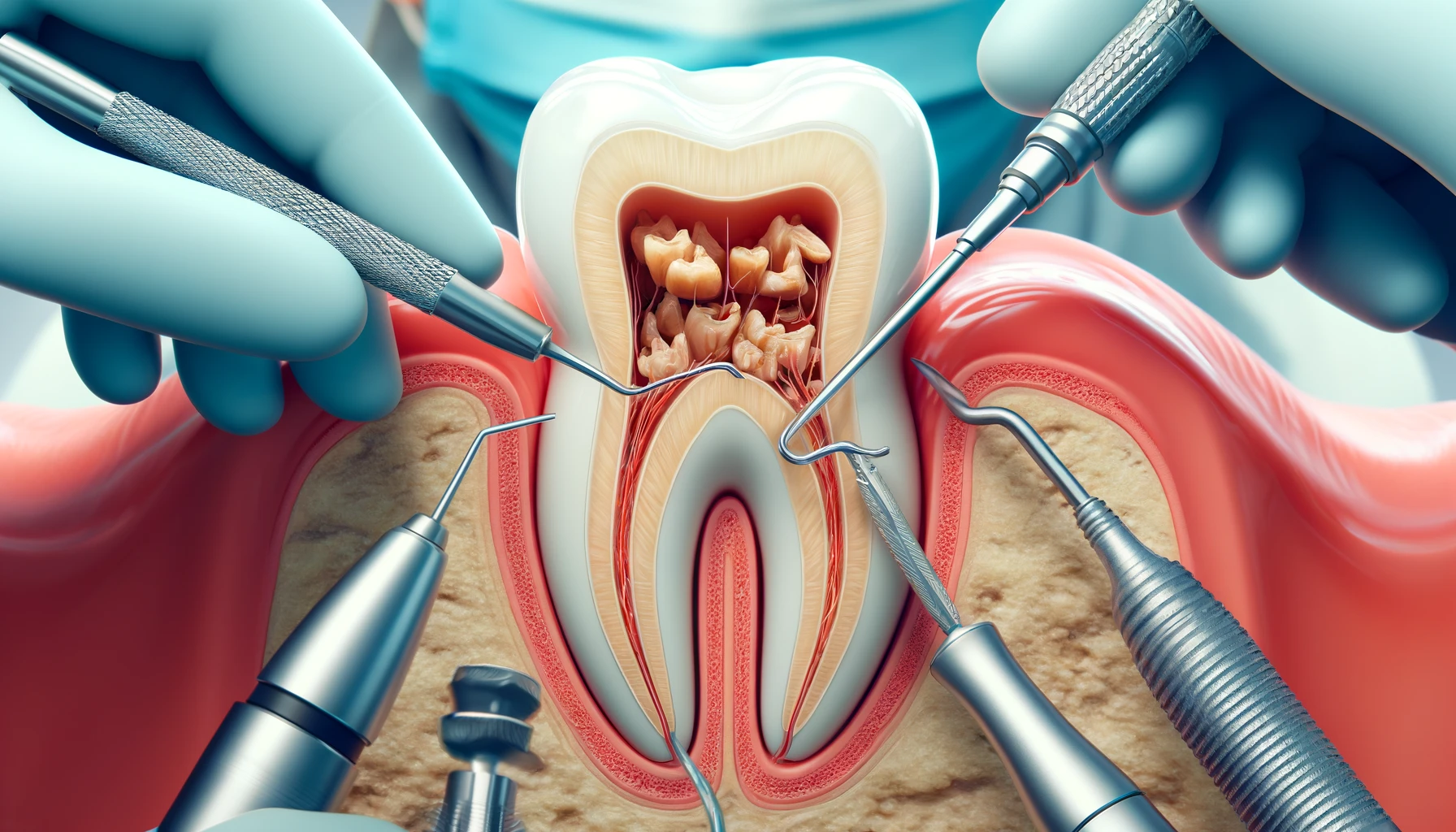 Detaljert visning av rotfyllingsprosess med tannlege som bruker instrumenter på en tann i en klinikk