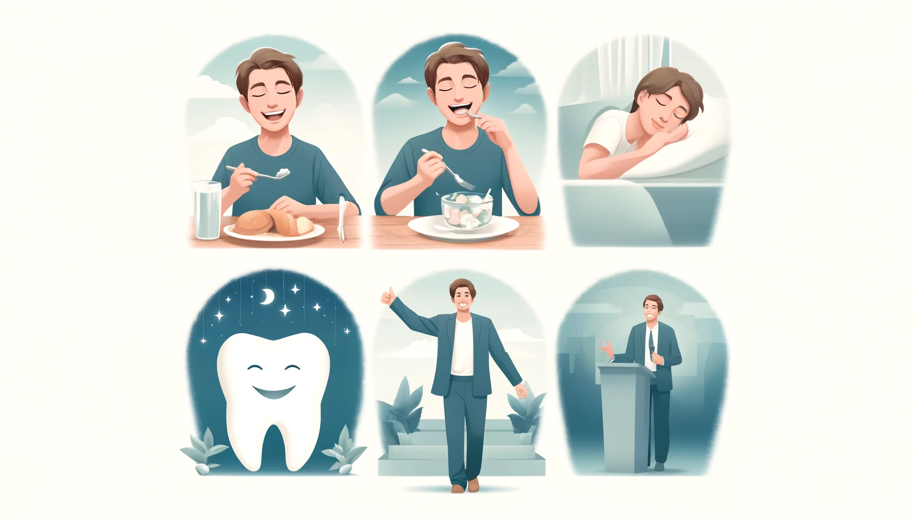 Bilde viser langsiktige fordeler med rotfylling: smilende person spiser, sover fredelig, og snakker trygt rotfylling av tann