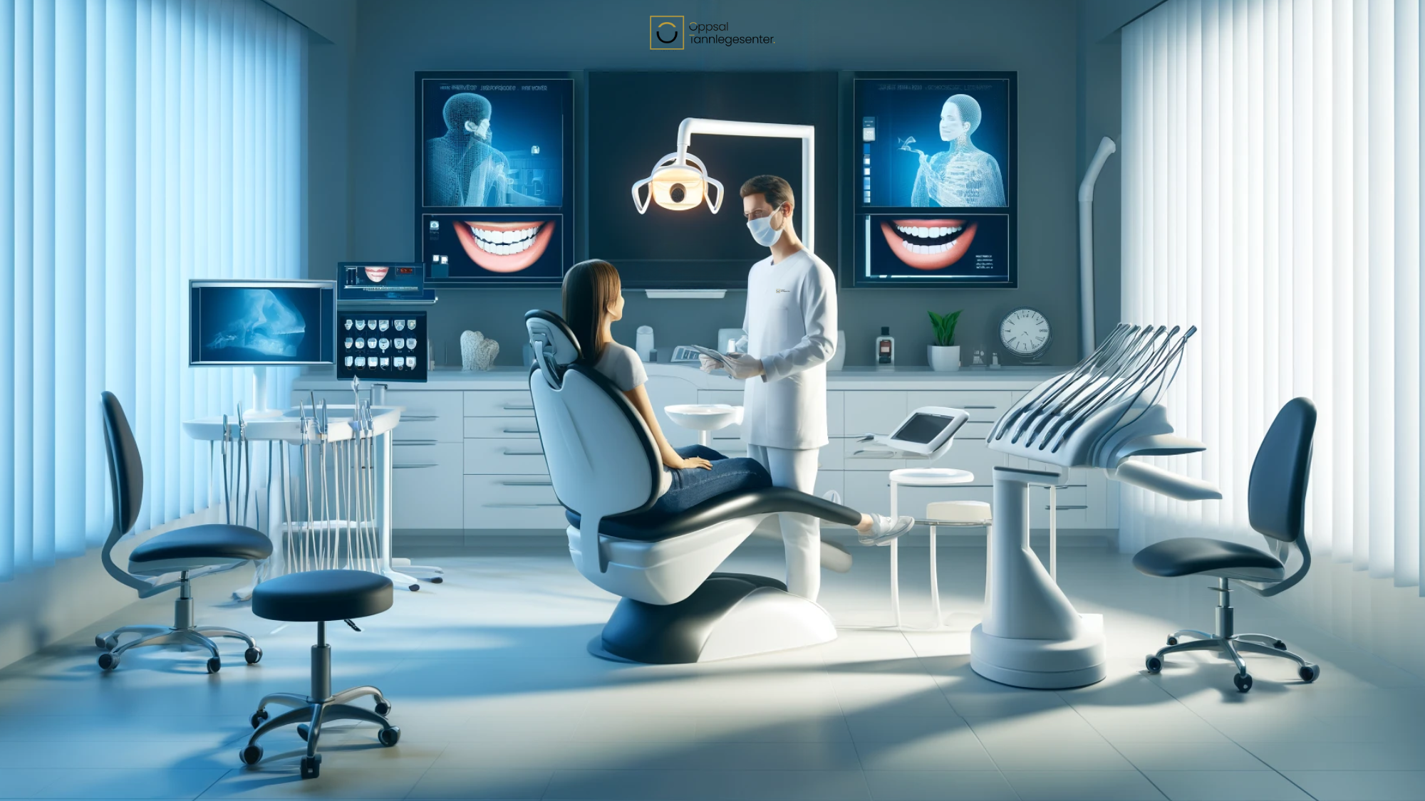 Moderne tannklinikk med avansert teknologi og en tannlege som undersøker en pasient.
