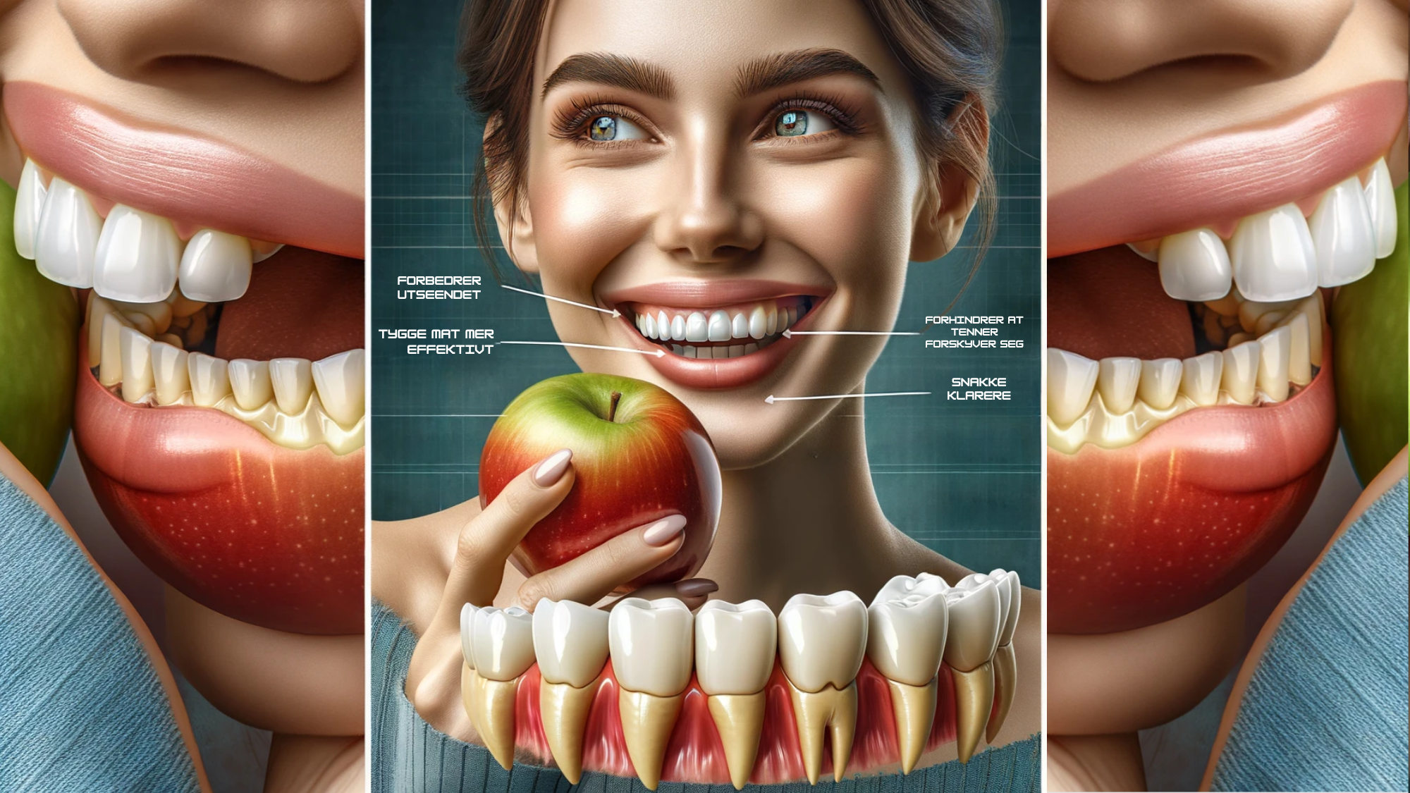 Tredelt bilde som viser fordeler med tannbro: spising, justering, smil