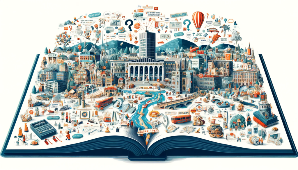 "Informative open book illustration with FAQs about Oslo, highlighting landmarks and culture."
