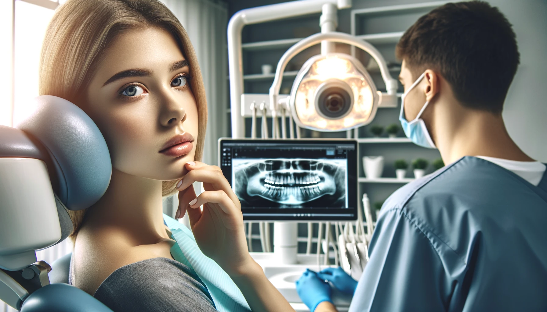 Ung voksen sitter nervøst på tannlegekontor mens tannlegen undersøker en røntgen av en visdomstann