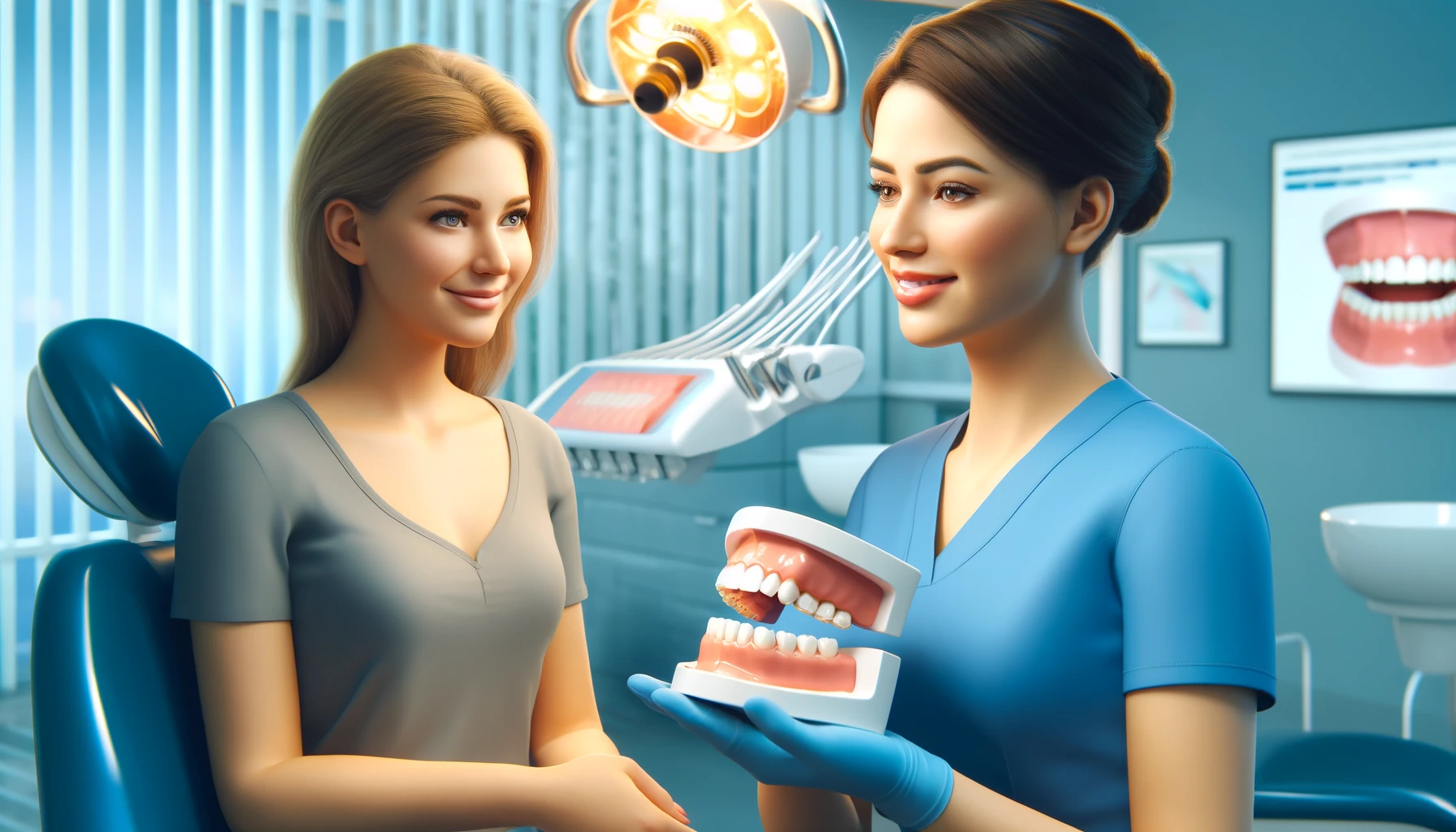 Pasient ser på tannprotese, diskuterer fordeler i klinikk