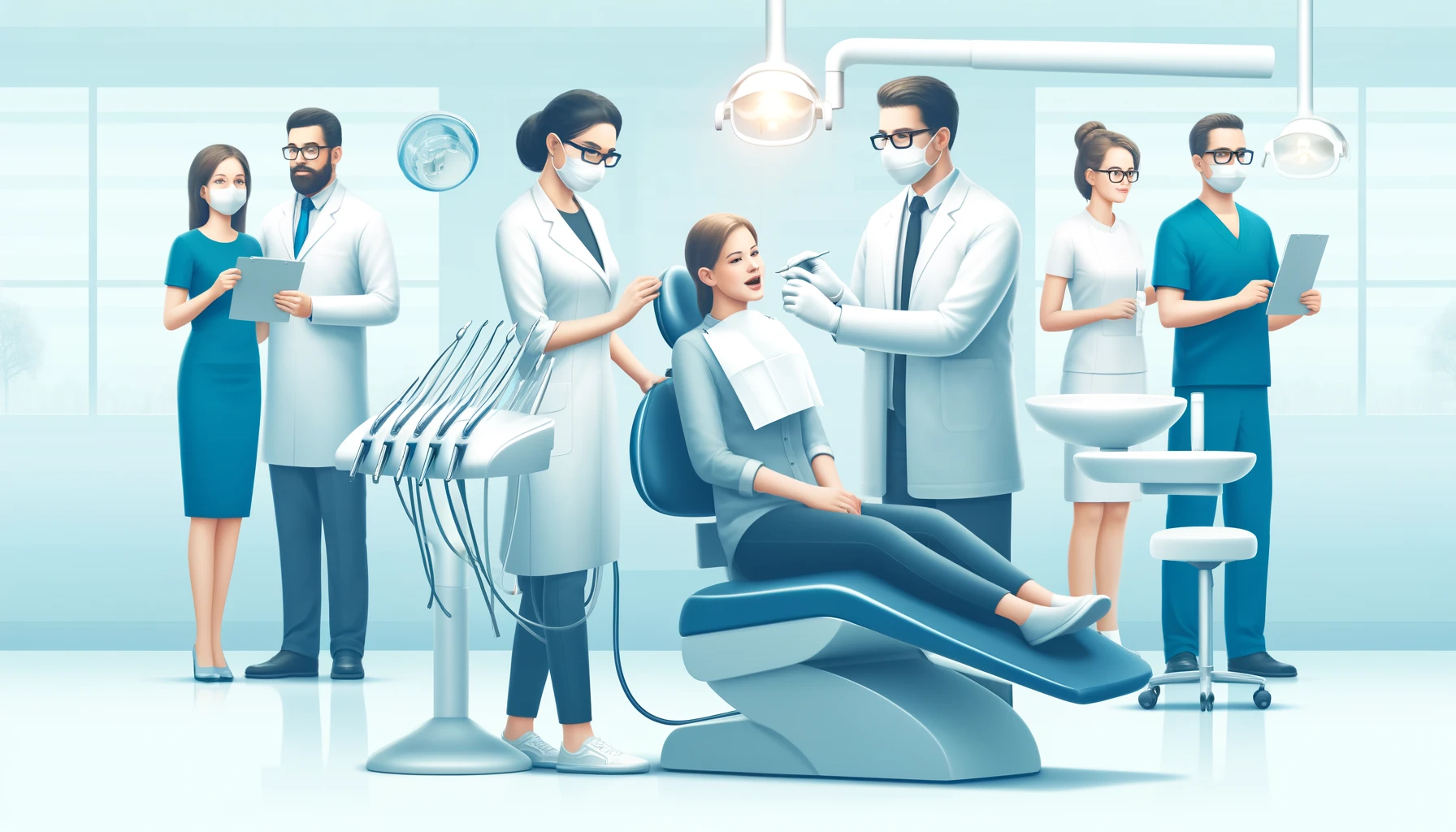 En tannlegekontor scene med et mangfoldig team som hjelper en pasient med å oppnå bedre ånde og smak, med avansert utstyr