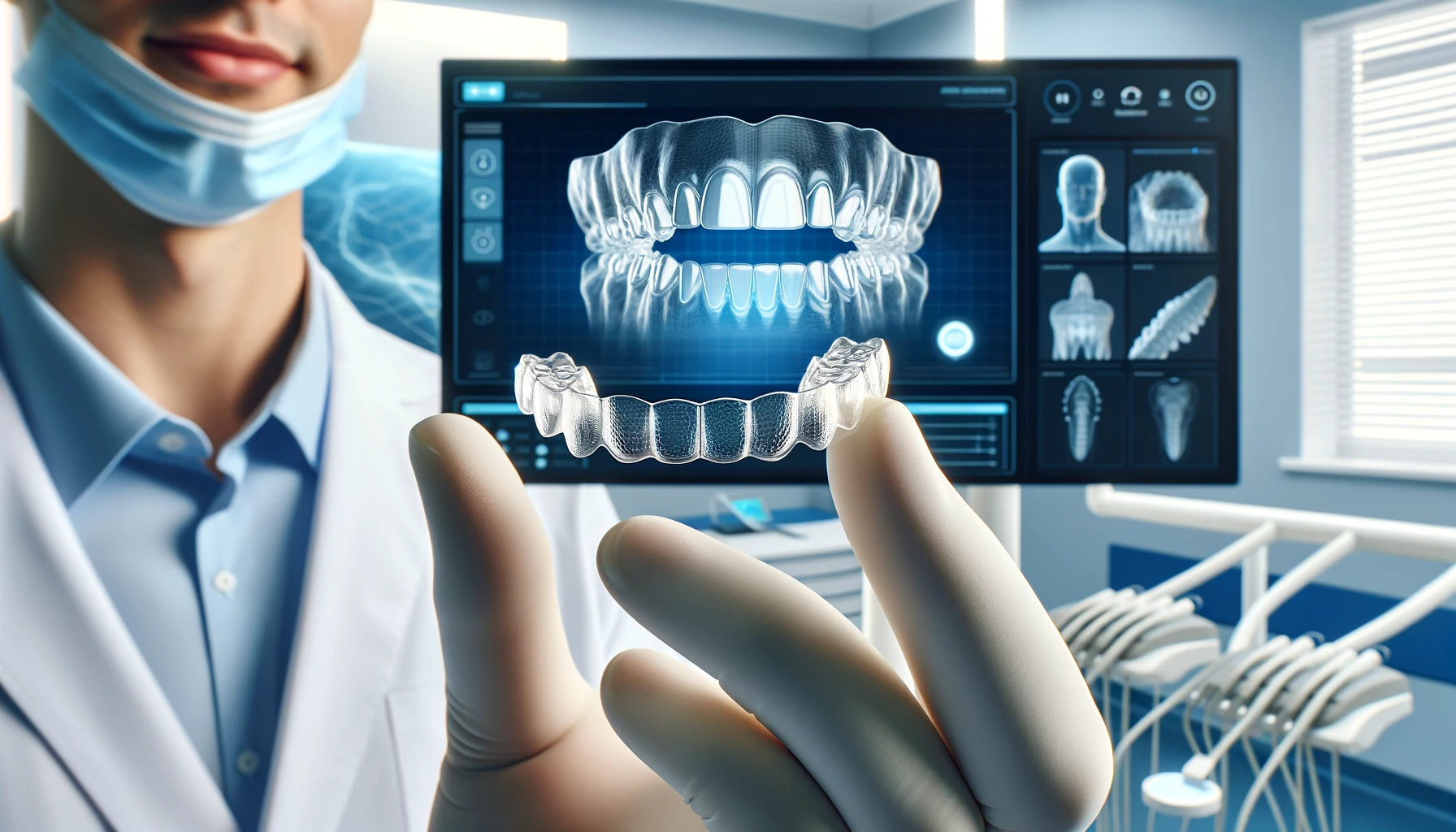 En tannlege holder en gjennomsiktig Invisalign-skinne.