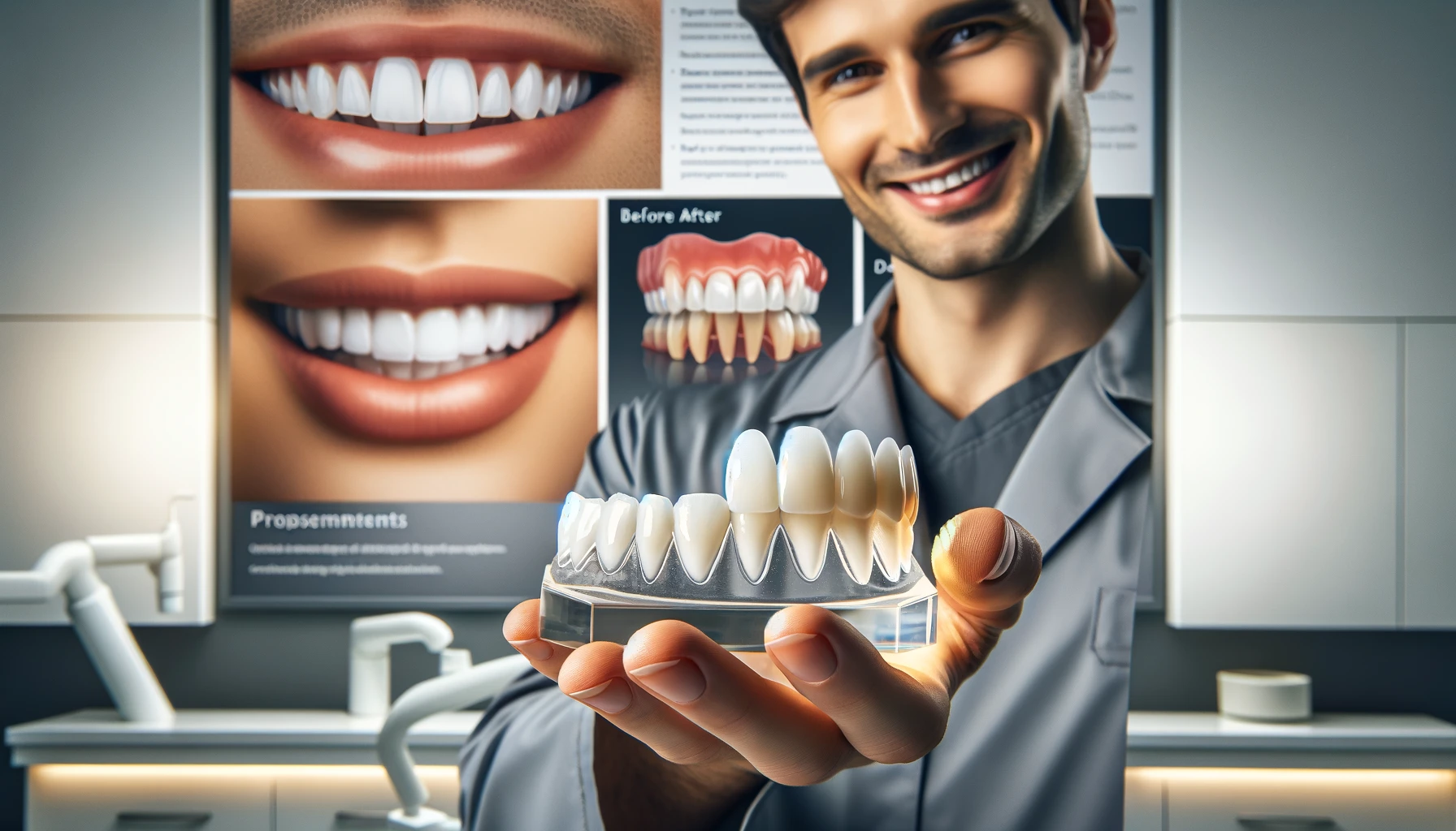 A dentist holding a model of a set of dental veneers in a modern dental office.