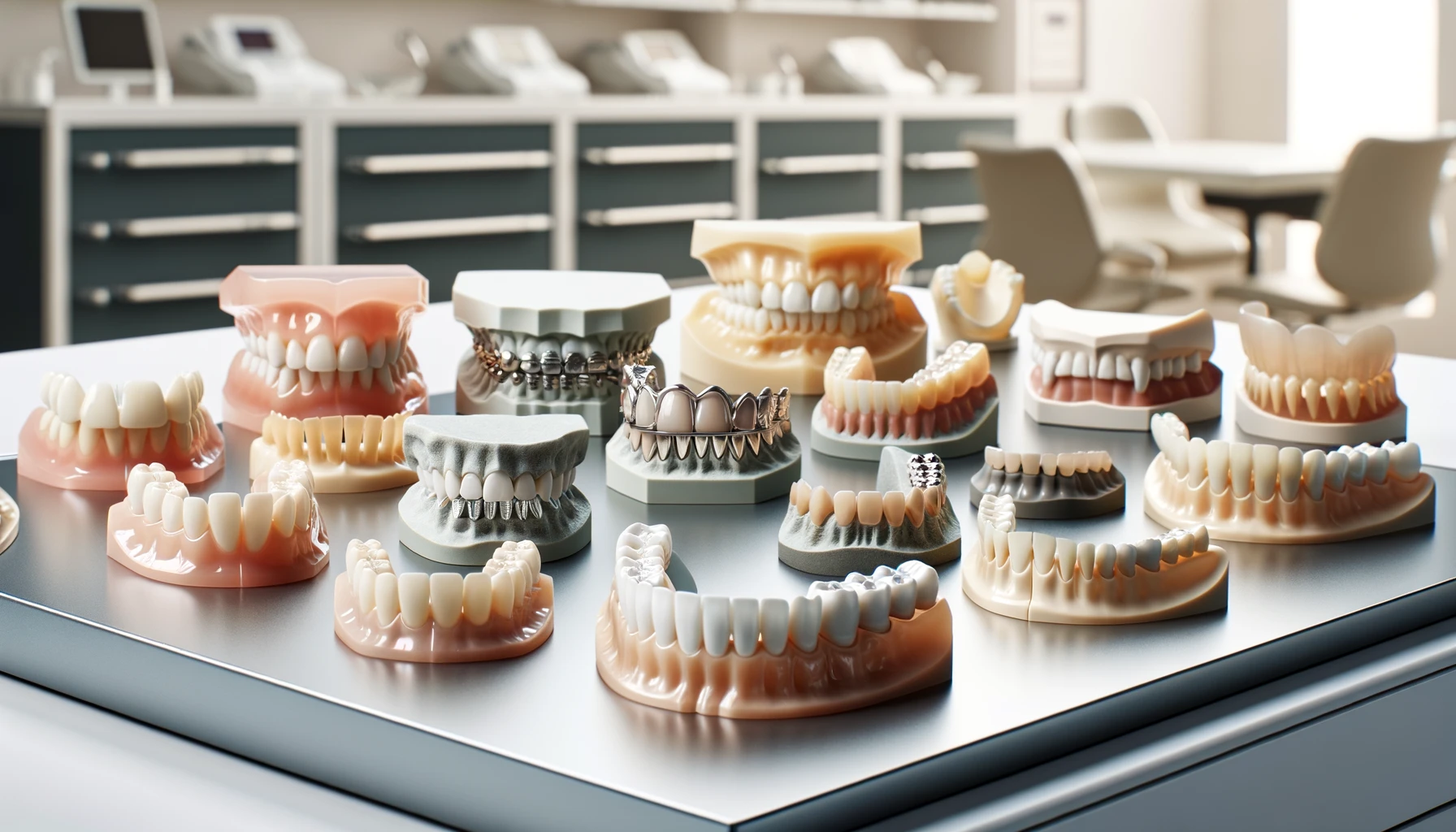 Utvalg av tannproteser på bord i tannlegekontor, profesjonelt og tydelig