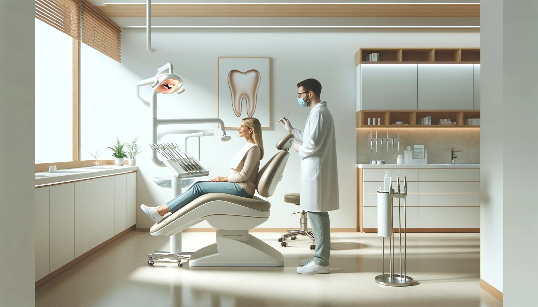 Tannlege viser riktig pusseteknikk til pasient i moderne skandinavisk klinikk