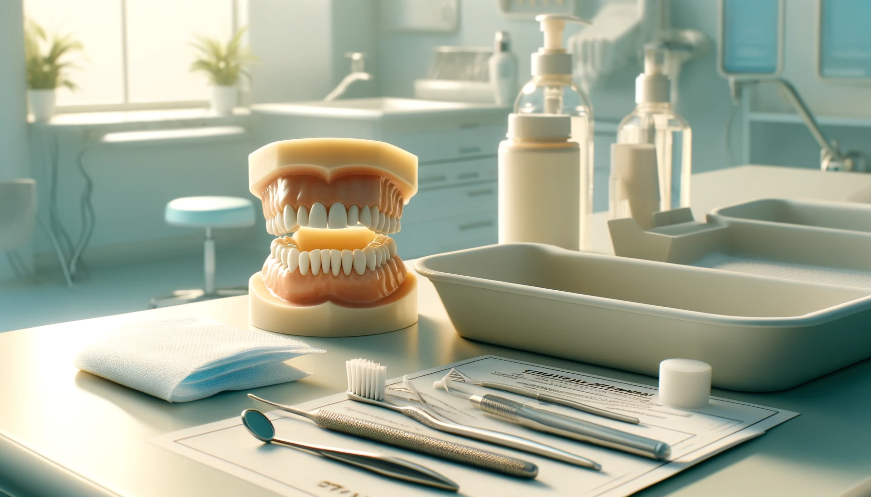 Bord med tannproteseverktøy og instruksjoner for vedlikehold