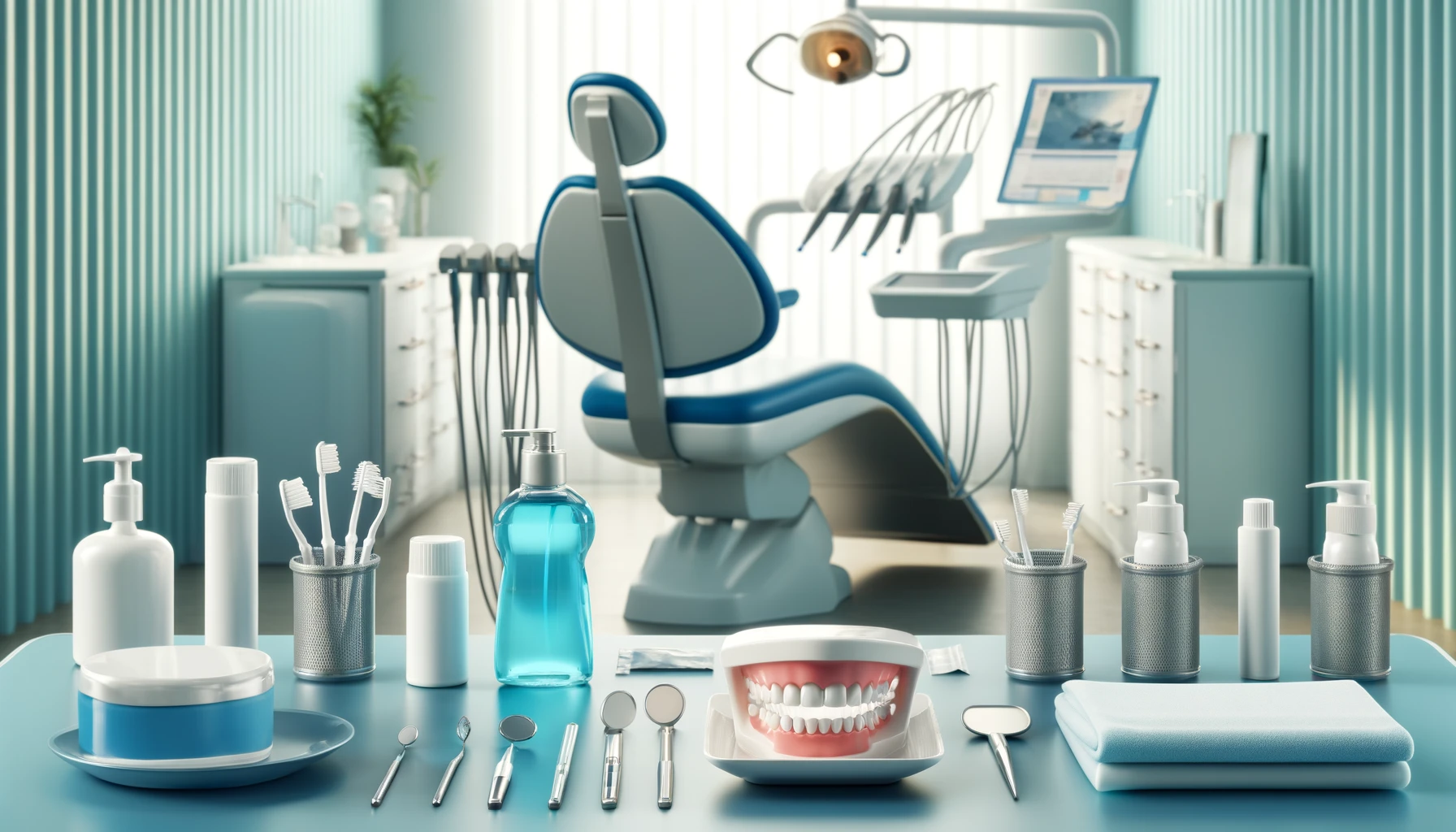 Forebygging av tannsykdommer vist i et moderne tannlegekontor med profesjonelt utstyr og produkter for munnhygiene