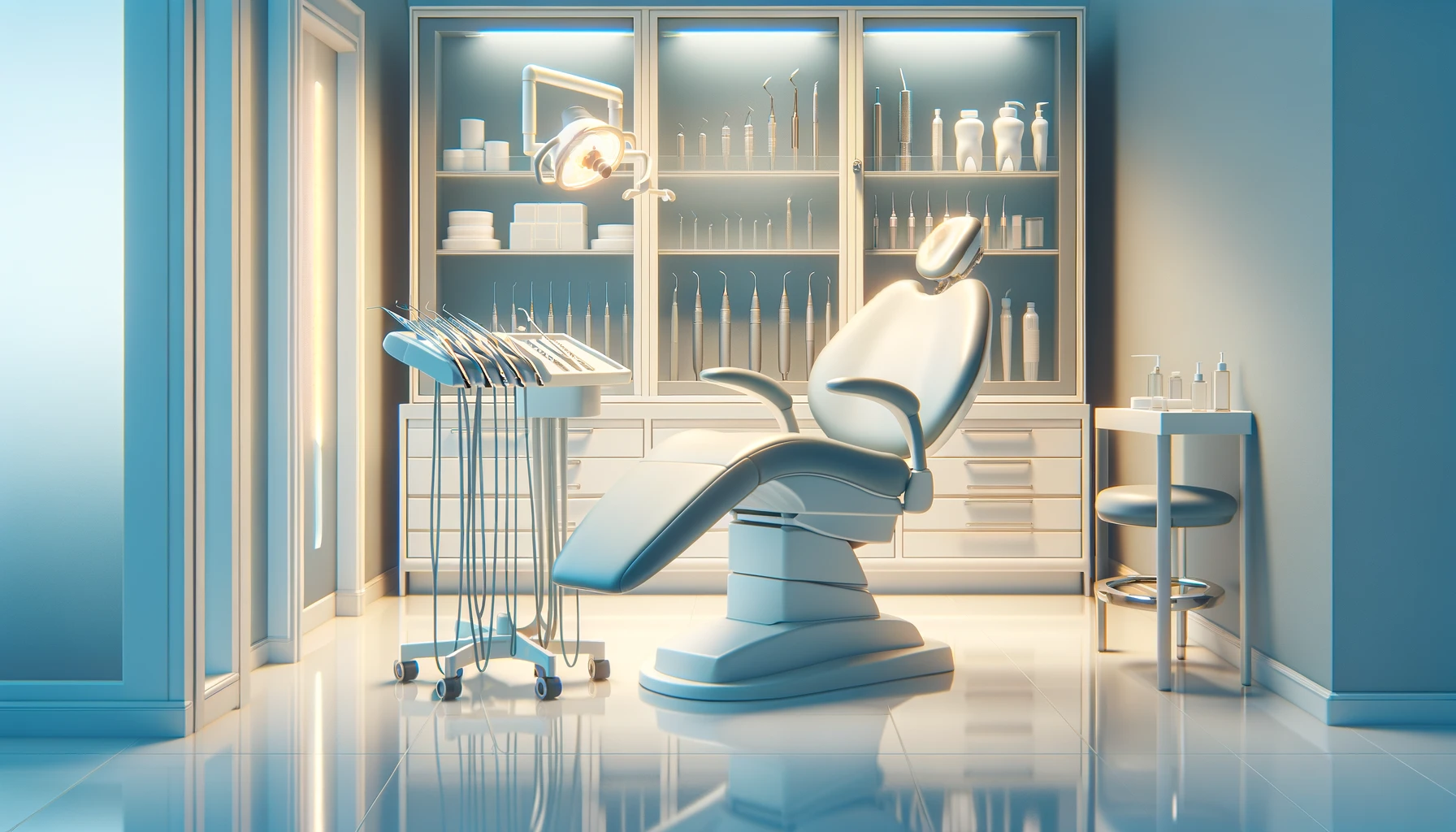 Moderne tannlegekontor med tannlegestol og forskjellige instrumenter, profesjonelt og rent