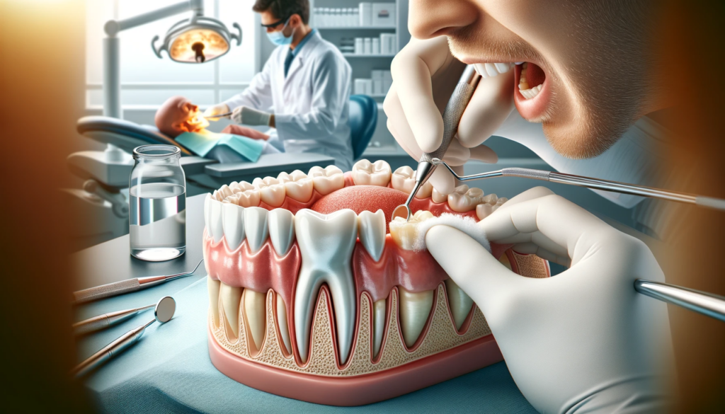 En tannlege utfører en dyp rengjøring på en pasient for å fjerne plakk og tannstein. 