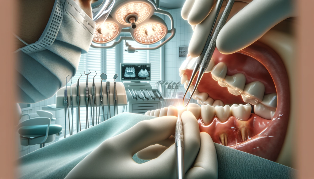 En tannlege utfører en kirurgisk behandling på en pasient for alvorlig tannkjøttsykdom i en ren og profesjonell tannklinikk.
