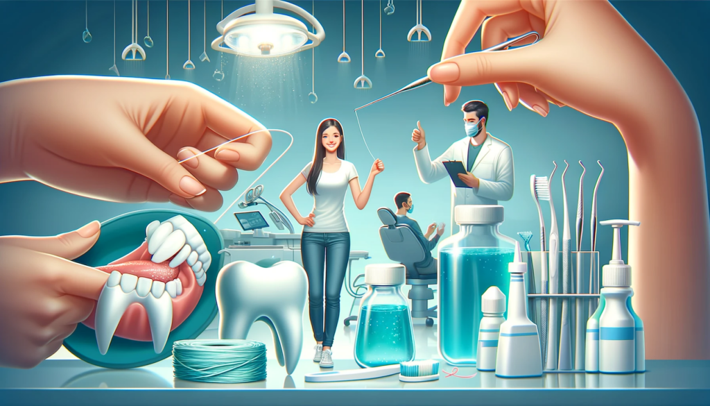 En person bruker tanntråd og en annen bruker munnskyll, med en tannlege som gir veiledning i en ren og profesjonell klinikk.
