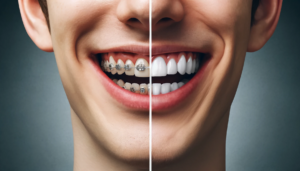 En smilende ung man med usynlig tannregulering