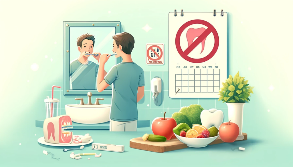 En person pusser tennene på et lyst bad, med tanntråd, sunn mat og en kalender med markert tannlegeavtale i nærheten.
