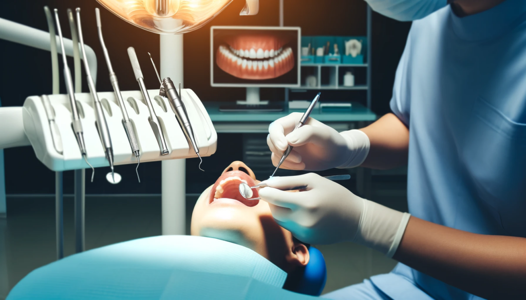 En tannlege utfører profesjonell tannrengjøring på en pasient, fjerner plakk og tannstein i en ren og godt utstyrt tannklinikk.
