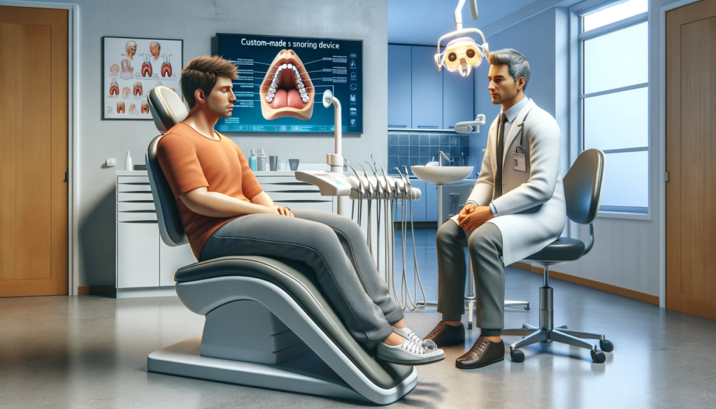Sliten pasient snakker med tannlegen om snorkeskinne