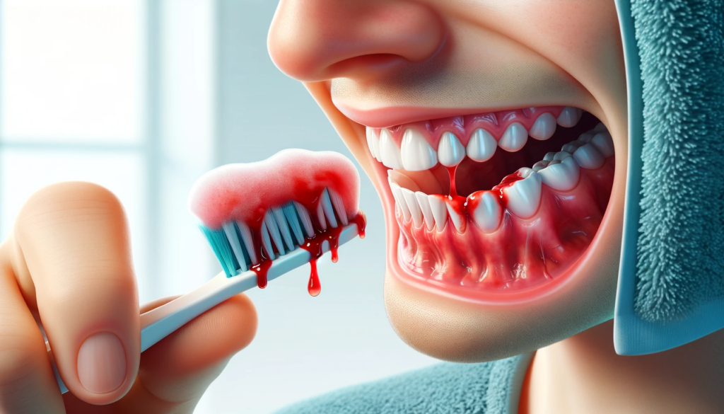 En person børster tennene med litt blod på tannkjøttet og tannbørsten, som indikerer mild tannkjøttsykdom.
