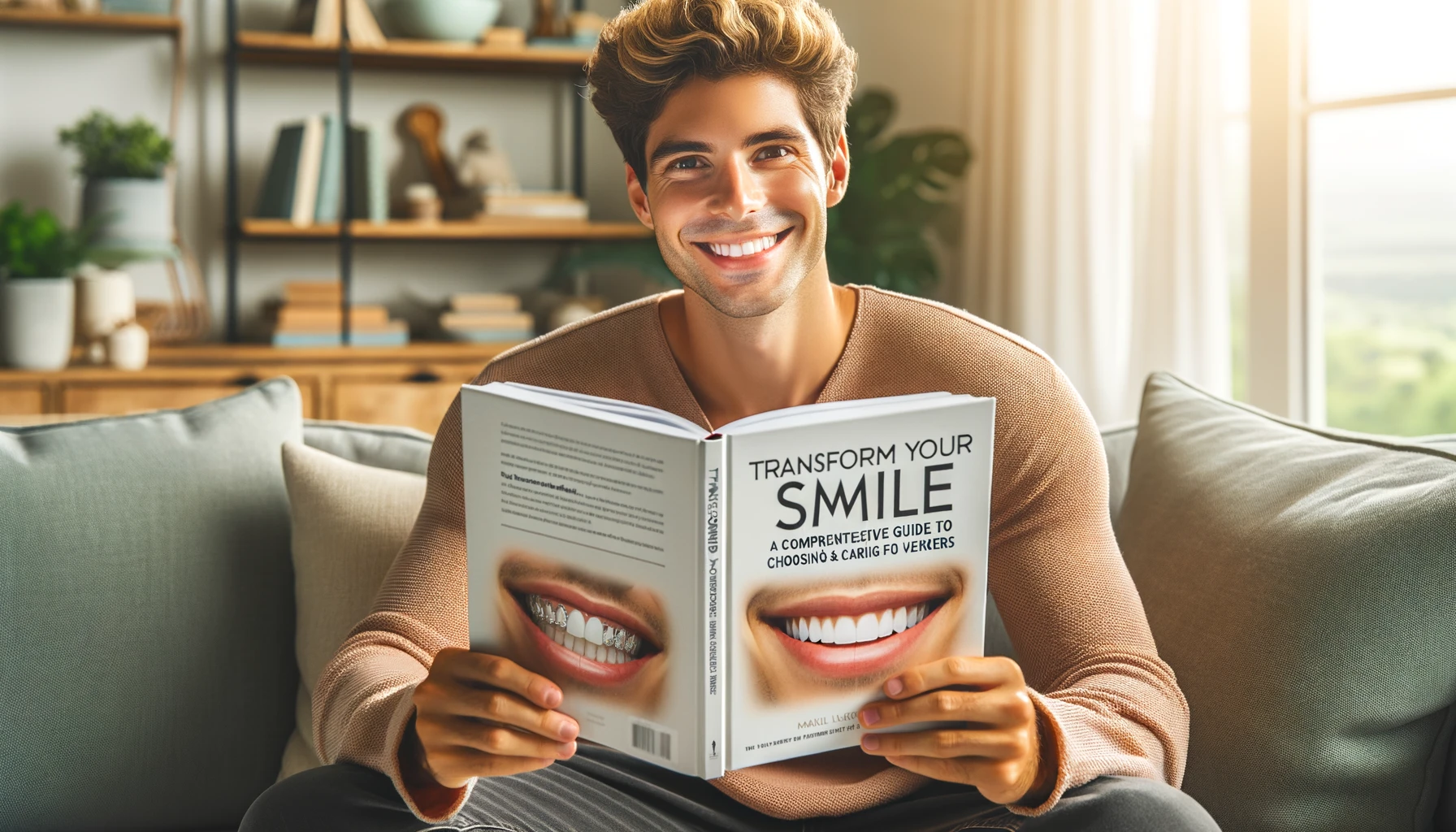  A smiling individual holding an open book about dental veneers