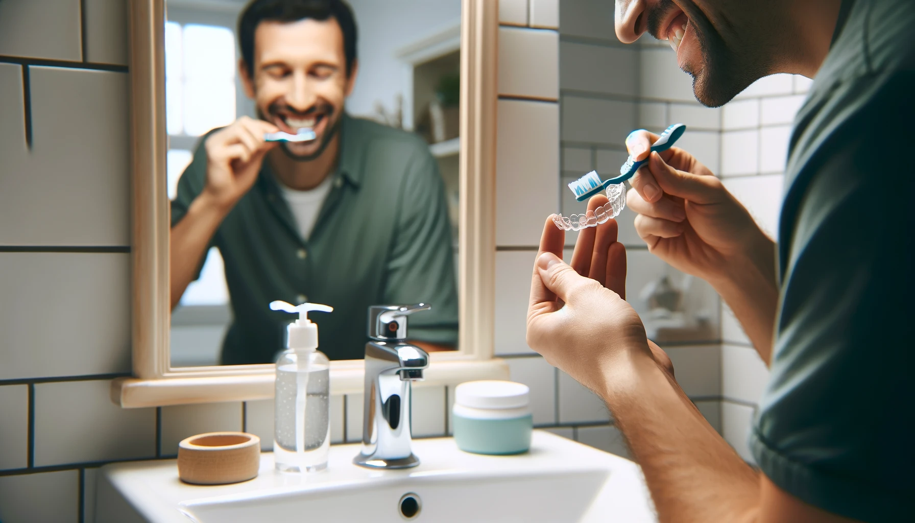 En person som rengjør sine Invisalign-skinner med en tannbørste.