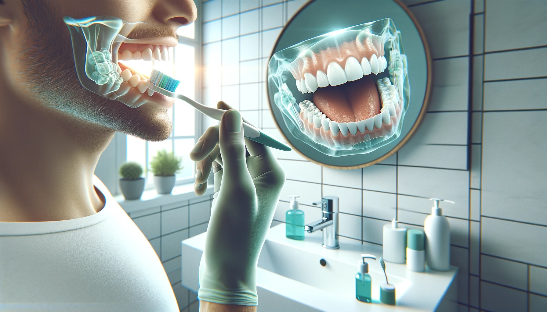 Person pusser tennene i moderne bad, som viser viktigheten av god munnhygiene for å forhindre fremtidige problemer