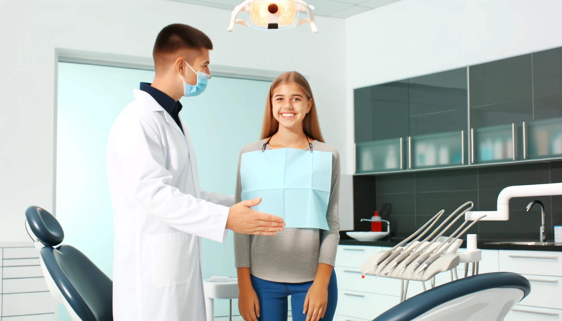 Vennlig tannlege ønsker pasient velkommen i moderne klinikk, som viser viktigheten av regelmessige tannlegebesøk